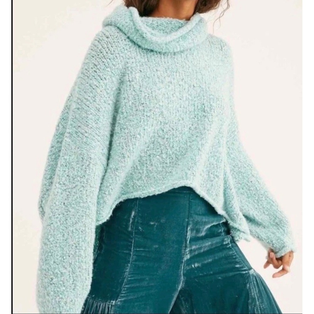 Free People Aqua Star Cowl Neck Sweater OB1032730 Mint Green Marled Knit Medium